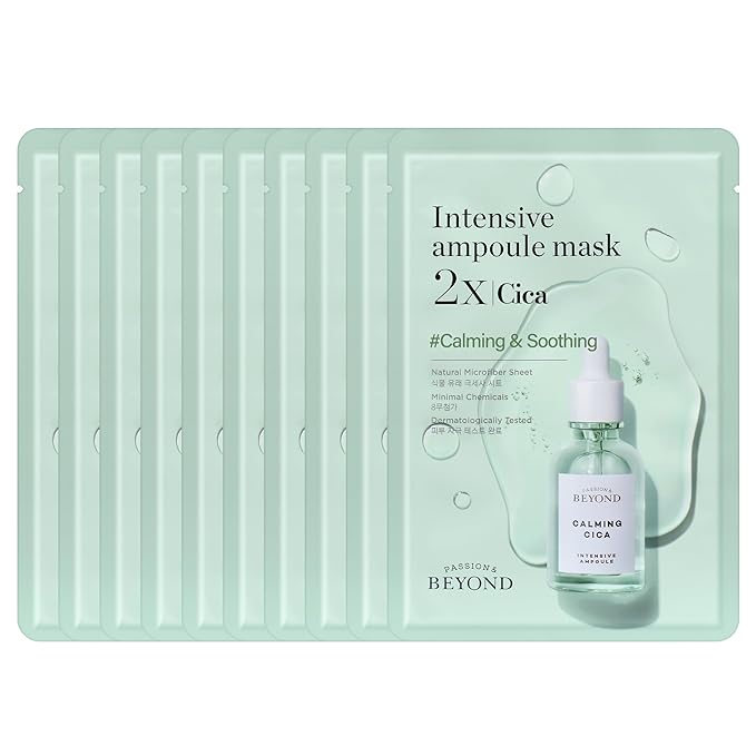 BEYOND Intensive Ampoule Mask 2X Cica with Centella Asiatica for Soothing/Moisturizing Care for Irritated and Sensitive Skin - Hypoallergenic Calming Facial Sheet Masks