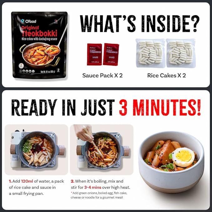 O’Food Tteokbokki Korean Rice Cakes – [Original Gochujang | Pack of 1] – Gluten-Free (Except BBQ), Healthy/ Savory/ Bold/ Fiery, 0 Cholesterol/ 0 Trans Fat/ No MSG/ No Corn Syrup, Spicy Street Snack, Ready in Minutes