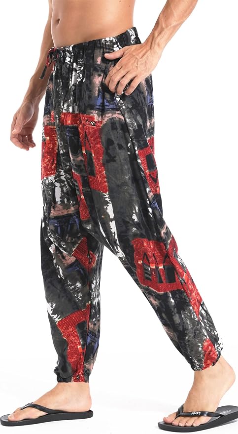 AITFINEISM Men's Drawstring Aladdin Hippie Harem Pants Loose Drop Crotch Trousers