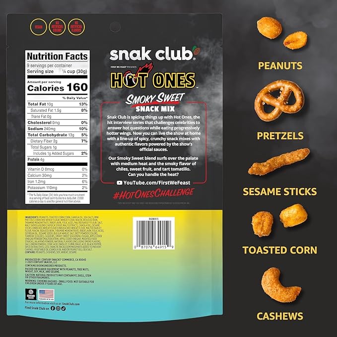Snak Club x Hot Ones Snack Mix, Smoky Sweet, Spicy Snacks with Peanuts, Pretzels, Sesame Sticks, Toasted Corn, Cashews, Inspired by Hot Ones, Vegan Snack, 10 oz Resealable Bag