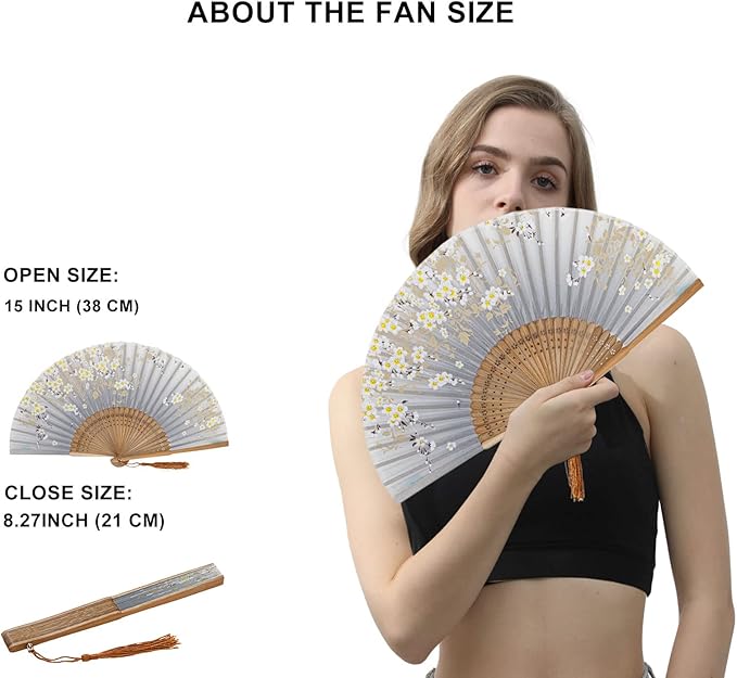 Amajiji 8.27"(21cm) Hand Held Bamboo Silk Folding Fan Hand Fan,Chinese/Japanese Charming Elegant Vintage Retro Style,Women Ladys Girls Best Gifts (Gray Little Sakura)