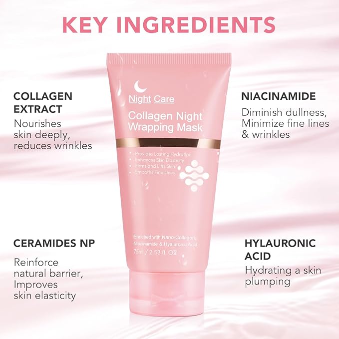 Collagen Overnight Wrapping Peel Off Facial Mask, Collagen Night Wrapping Mask, Hydrating Anti Wrinkle Lifting for All Skin Types, Firming&Elasticity Sleeping Mask (Brush Included)