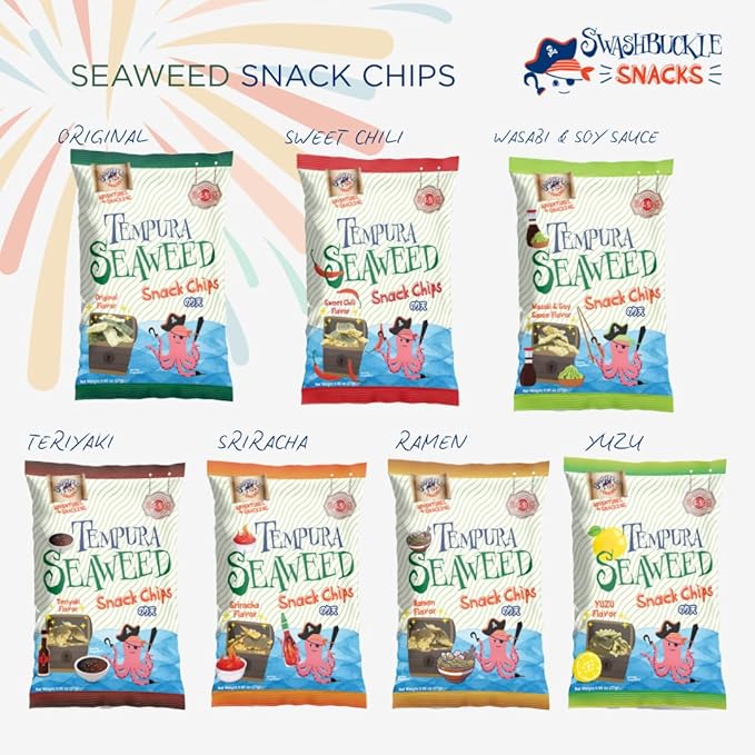 Japanese Tempura Seaweed Snack Chips, Noriten – 3 Flavor Variety Pack, 0.95oz x 6, Made in Japan by Swashbuckle Snacks
