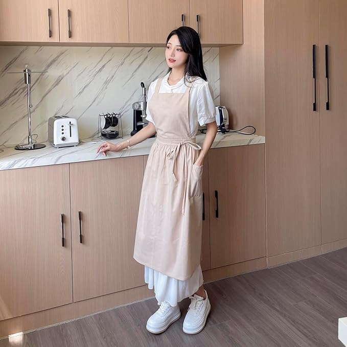 Pinafore Apron Dress，Japanese Cotton Linen Cross Back Apron for Women with Pockets，Pinafore Dress with Waist Ties (Wheat)