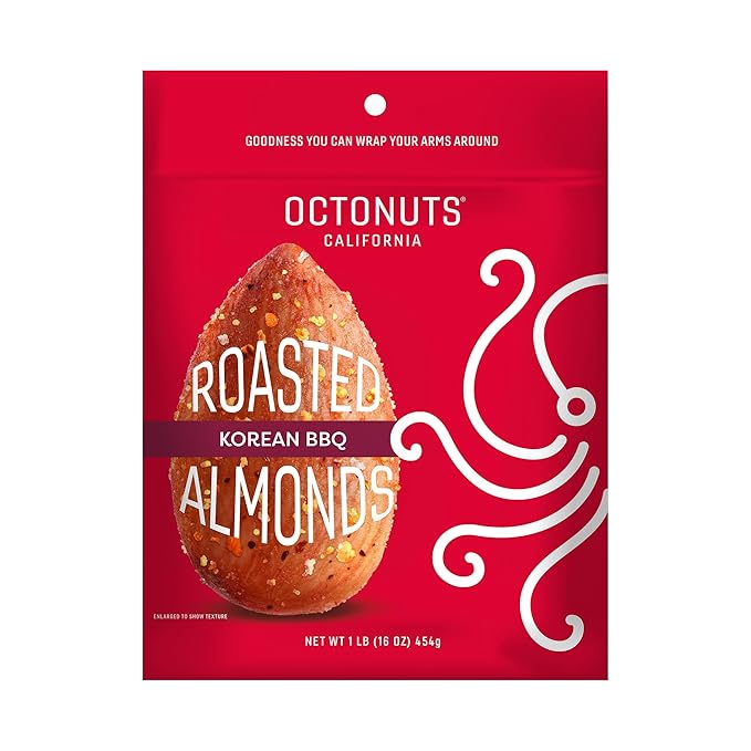 Octonuts Dry Roasted Korean BBQ Almonds (16oz) Healthy Snack for Adults and Kids - Plant Protein with Fiber, Calcium, and Iron - Low Carb, Low Calorie - Non-GMO and Gluten-Free