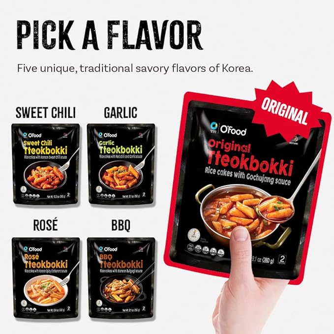 O’Food Tteokbokki Korean Rice Cakes – [Original Gochujang | Pack of 1] – Gluten-Free (Except BBQ), Healthy/ Savory/ Bold/ Fiery, 0 Cholesterol/ 0 Trans Fat/ No MSG/ No Corn Syrup, Spicy Street Snack, Ready in Minutes