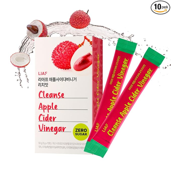 LIAF Apple Cider Vinegar Powder Loaded Tea Packets | Korean Fermented ACV with Mother | Travel Size Instant Dissolving Drink Mix | Sugar Free Energy Boost | Lychee Flavor 10 Count