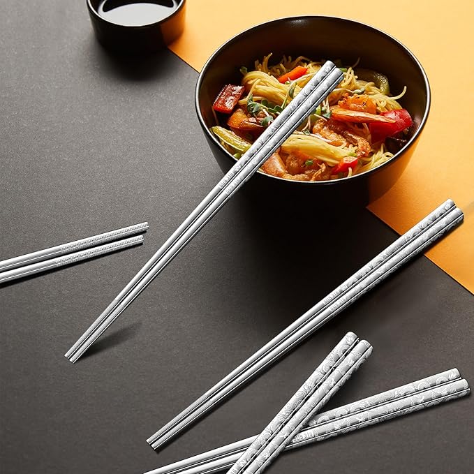 5 Pairs Dragon Chopsticks Set Premium Stainless Steel 316 Kitchen Dinning Utensils Silver Reusable Metal Chop Sticks Tableware Gift Set 9.26 Inches