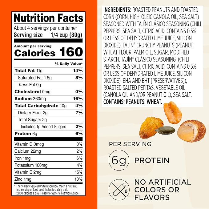Snak Club Tajin Fiesta Snack Mix, Peanuts, Crunchy Peanuts, Toasted Corn, and Pepitas with Chili and Lime Seasoning, Mild, No Artificial Colors or Flavors, 4 oz Resealable Bags, 6 Pack