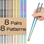 8 Pairs Metal Chopsticks Reusable Multicolor Stainless Steel Chopsticks Set Laser Engraved Non-slip Japanese Korean Chinese Chopstick for Cooking Eating Dishwasher Safe 9.25" Chop Sticks Gift Set