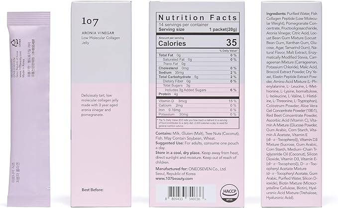 107 ARONIA Vinegar Low Molecular Collagen Jelly Stick, Contains Vitamin, Collagen, Hyaluronic Acid, Elastin, Probiotics, Korean Beauty Collagen, Supports Inner Beauty, 20g x 14 Pouches