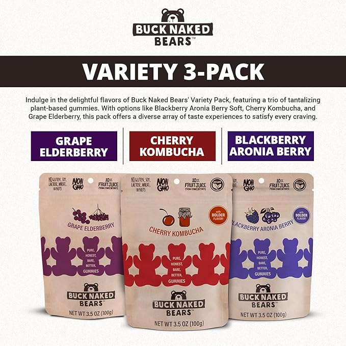 Buck Naked Bears - Variety Pack - Blackberry Aronia Berry, Cherry Kombucha, and Grape Elderberry - Plant-Based Gummies Good Snack Choice - Non-GMO - Clean Label Gummy Candy - Vegan 3.5oz 3-Pack