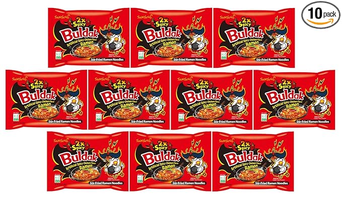 Samyang Buldak Hot Spicy Chicken Ramen Noodle Korean Stir-Fried Ramen (10 Pack, 2X Spicy)