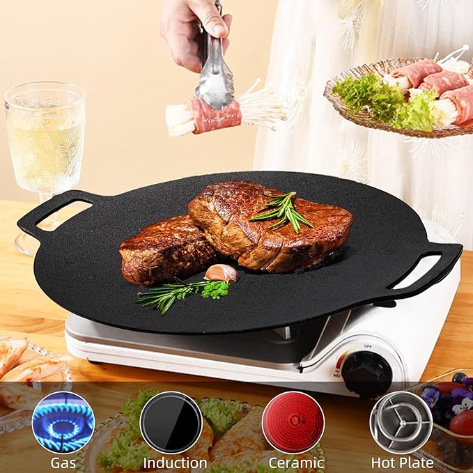 Korean BBQ Grill, Nonstick Round Griddle Pan with Bag, 12 Inch 6 Layer Coating BBQ Griddle, Cast Iron Griddles for Stove Top, Induction, Outdoor Camping, Tawa Roti Pan