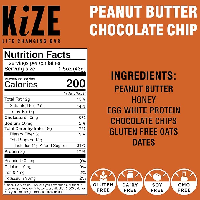 KiZE Energy Bars - Gluten Free, Dairy Free, Non-GMO, & High Protein Meal Replacement Energy Bars, Clean Food Ingredients - Peanut Butter Chocolate Chip & Cookie Dough Bundle, 9-10g Protein, (20 Count)
