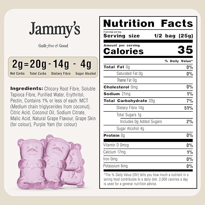 Jammy's™ - Sour Grape Gummy Bears | Sugar-Free & Vegan-Friendly | Keto-Friendly, Gluten-Free, Low Carb, High Fibre & Naturally Fruity | Delicious, Soft & Chewy | Box of 6 x 50g Bags