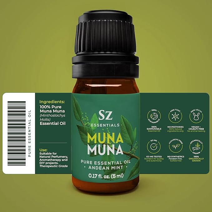 Muna Muna Andean Mint Essential Oil (Minthostachys Mollis) - 100% Pure and Undilluted - Rich & Fresh & Minty Scent with Earthy Overtones - Therapeutic Grade & Vegan - 0.17oz (5ml)