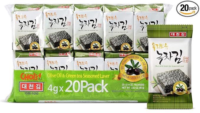 Daechun(Choi's1) Seaweed Snack, (Pack of 20), Original, Sea Salt, Green Tea Powder, Product of Korea