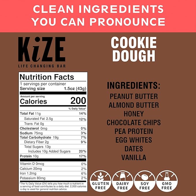 KiZE Energy Bars - Gluten Free, Dairy Free, Non-GMO, and High Protein Meal Replacement Energy Bars, Meal Bar, Clean and Simple Food Ingredients - Cookie Dough, 10g High Protein Snacks, (30 Count)