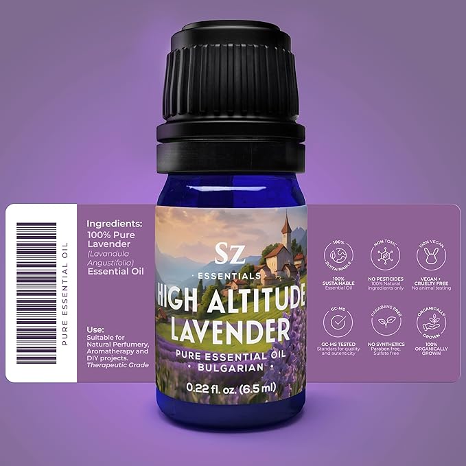 High Altitude Lavender - 100% Pure Essential Oil - Grown in High Altitude - Bulgarian - Rich & Floral Scent with Fresh Overtones - Therapeutic Grade & Vegan - 0.22 fl oz (6.5ml)