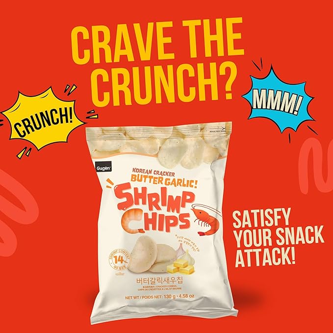 Korean Butter Garlic Shrimp Chips - Resealable Crispy Snack with Savroy Garlic Flavor - 4.5 Servings per Package - Pack of 1