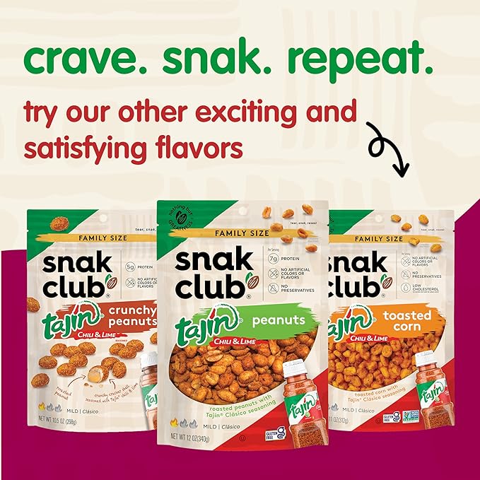 Snak Club Tajin Fiesta Snack Mix, Peanuts, Crunchy Peanuts, Toasted Corn, and Pepitas with Chili and Lime Seasoning, Mild, No Artificial Colors or Flavors, 11 oz Resealable Bag