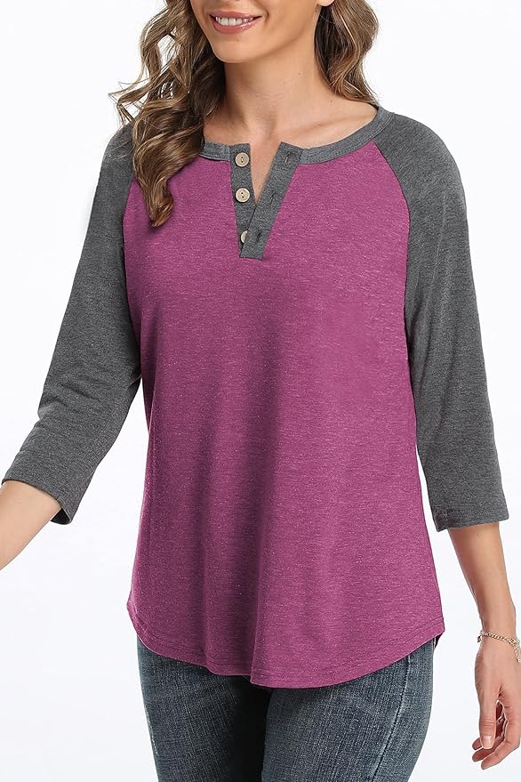 3/4 Sleeve Shirts for Women Crewneck Button Down Tunic Tops Raglan T Shirt