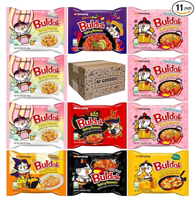 Samyang Buldak Hot Spicy Chicken Ramen Noodle Korean Stir-Fried Ramen (11, 2X, Carbonara (3), Cheese, Cream Carbonara (3), Habanero Lime, Original Spicy, Quattro Cheese)