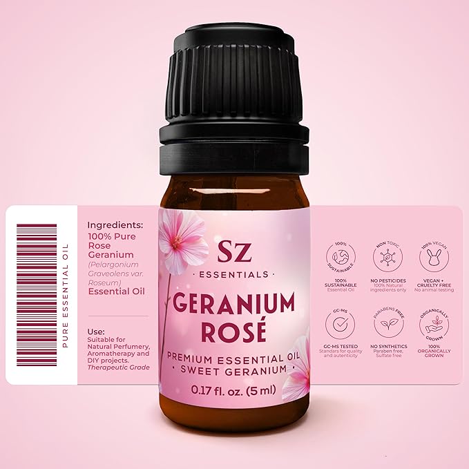 – Geranium Rosé Essential Oil 5mL – 100% Pure & Natural – Pelargonium graveolens VAR. roseum – Sweet Rose-Geranium Scent – for Aromatherapy, Perfumery – Vegan & Therapeutic Grade (5 mL)