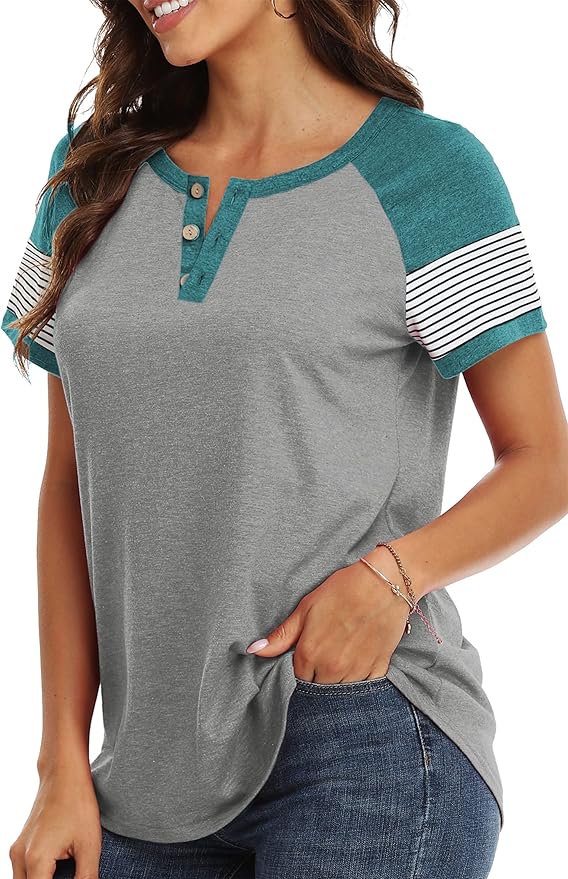 3/4 Sleeve Shirts for Women Crewneck Button Down Tunic Tops Raglan T Shirt