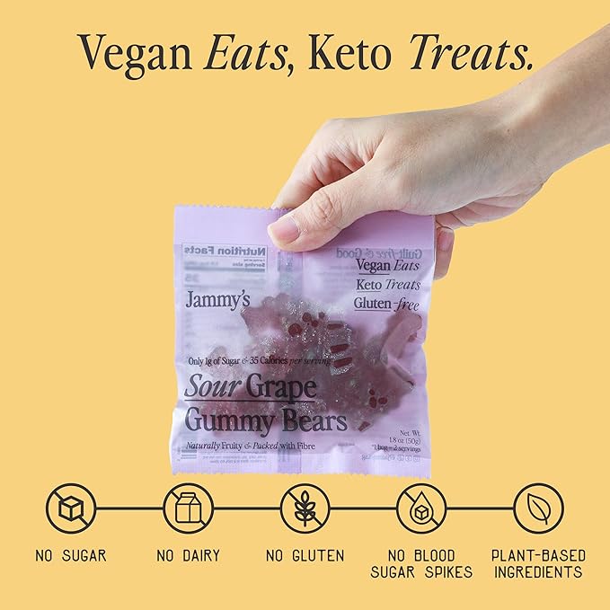 Jammy's™ - Sour Grape Gummy Bears | Sugar-Free & Vegan-Friendly | Keto-Friendly, Gluten-Free, Low Carb, High Fibre & Naturally Fruity | Delicious, Soft & Chewy | Box of 6 x 50g Bags