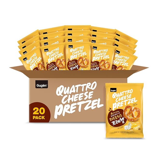 Quattro Cheese Flavored Pretzels, Korean Crunchy Snack, Cheese Blend Flavor, Bold and Savory - Pack of 20