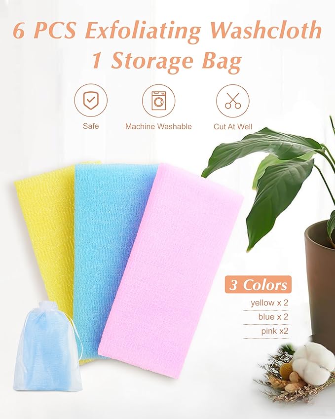 6 PCS Exfoliating Washcloth, 35 Inch 3 Colors Nylon Bath Exfoliating Towel for Shower, Colorful Japanese Washcloth, Exfoliating Body Scrubber (Blue, Yellow, Pink)