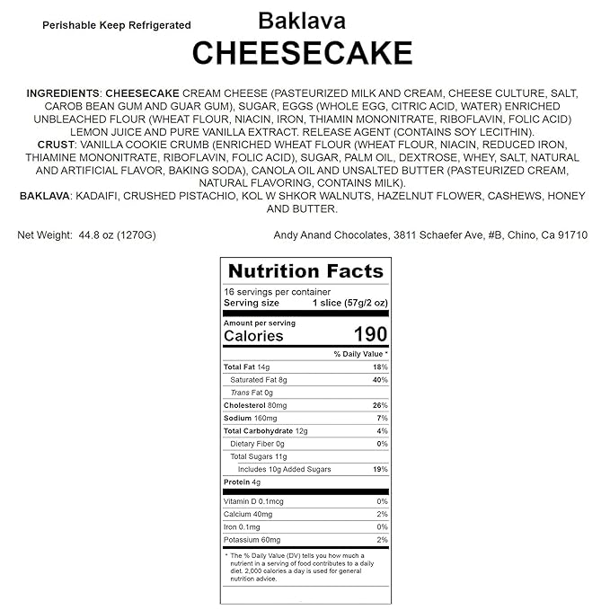 Andy Anand Luxurious Baklava Cheesecake: Turkish Honey & California Cream Fusion - Gourmet 9-inch Dessert Delight, 2.8 lbs