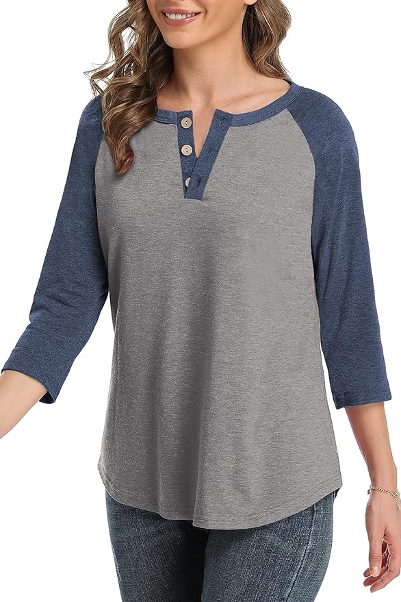 3/4 Sleeve Shirts for Women Crewneck Button Down Tunic Tops Raglan T Shirt