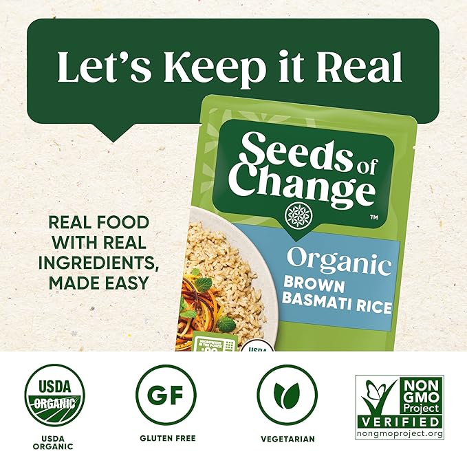 SEEDS OF CHANGE Certified Organic Brown Basmati Rice, Organic Food, 8.5 OZ Pouch (Pack of 12)