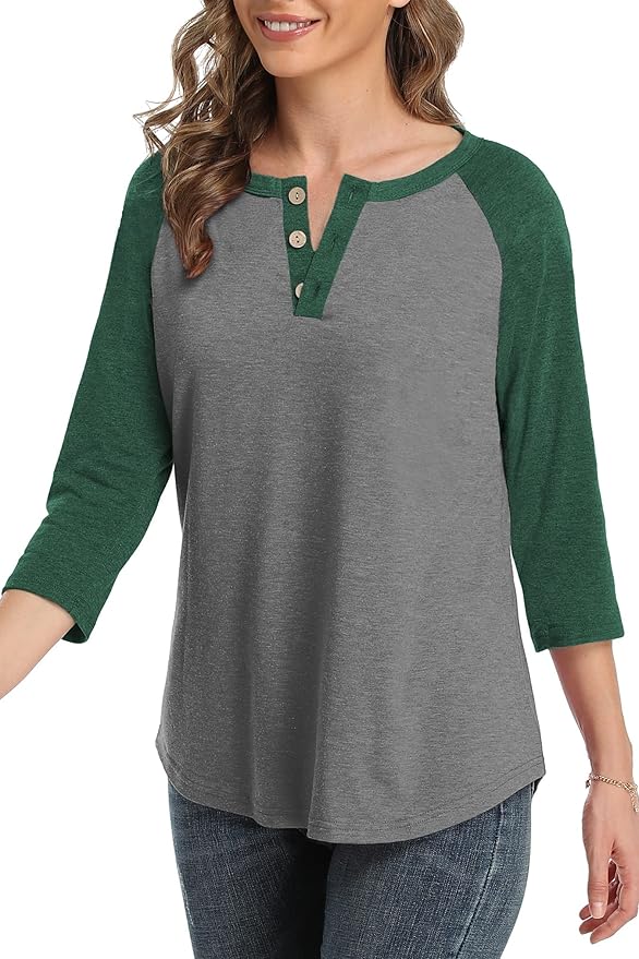 3/4 Sleeve Shirts for Women Crewneck Button Down Tunic Tops Raglan T Shirt