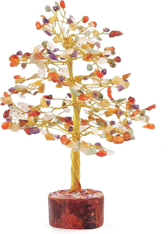 FASHIONZAADI Gemstone Money Tree Reiki Healing Chakra Balancing Handmade Bonsai Trees Spiritual Gift Aura Cleansing Good Luck Home Decor (Mix Chakra Golden Wire)