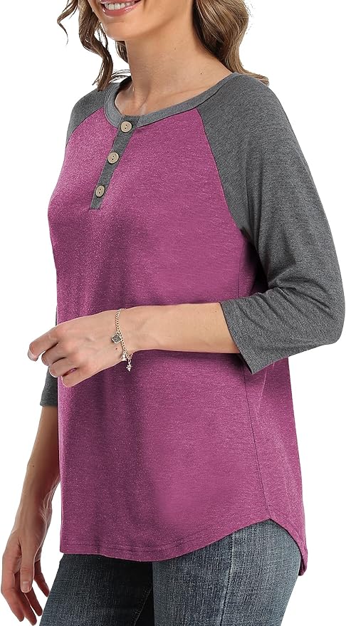 3/4 Sleeve Shirts for Women Crewneck Button Down Tunic Tops Raglan T Shirt