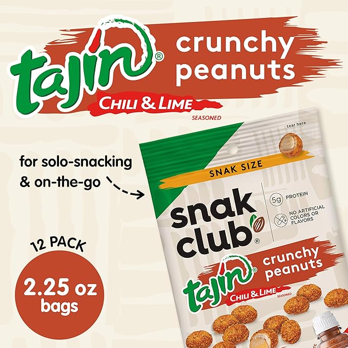 Snak Club Tajin Crunchy Peanuts, Nuts with Chili and Lime Seasoning, Mild, 2.25 oz Snack Bags, 12 Pack