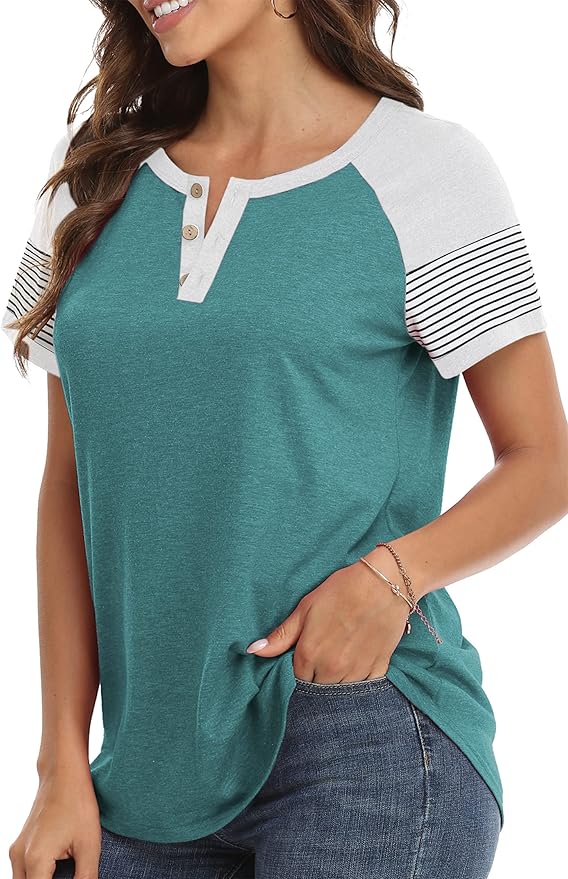 3/4 Sleeve Shirts for Women Crewneck Button Down Tunic Tops Raglan T Shirt