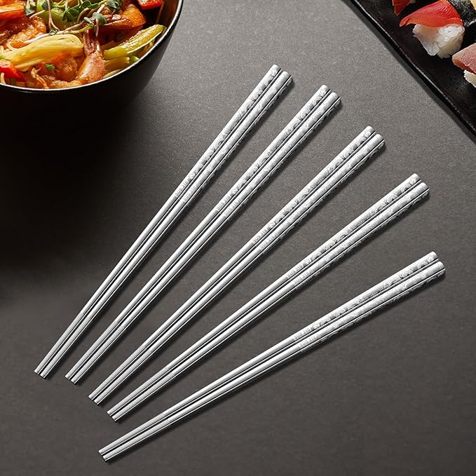 5 Pairs Dragon Chopsticks Set Premium Stainless Steel 316 Kitchen Dinning Utensils Silver Reusable Metal Chop Sticks Tableware Gift Set 9.26 Inches