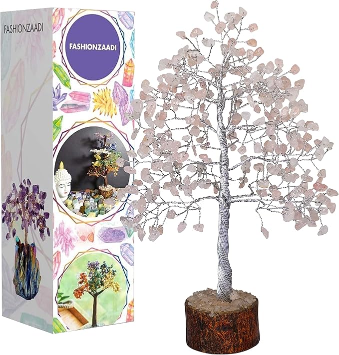 FASHIONZAADI Rose Quartz Crystal Tree, Silver Wire Feng Shui Gemstone Decor, Chakra Healing Stones Crystal Decor, Artificial Bonsai Money Tree, Good Luck Spiritual Gifts for Women & Men