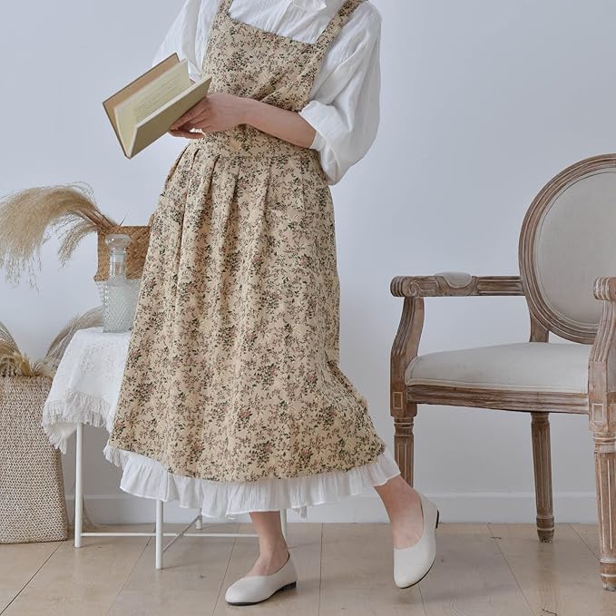 Pinafore Apron Dress，Japanese Cotton Linen Cross Back Apron for Women with Pockets，Pinafore Dress with Waist Ties (Brown flower)