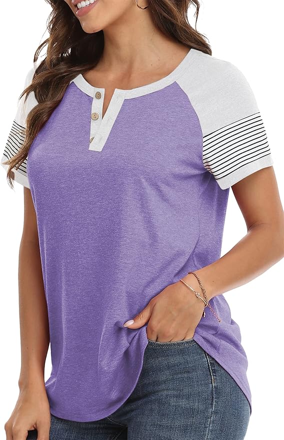 3/4 Sleeve Shirts for Women Crewneck Button Down Tunic Tops Raglan T Shirt