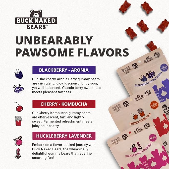 Buck Naked Bears - Gummy Candy 3-Pack - Cherry Kombucha & Huckleberry Lavender - Soft, Smooth, Fruity Snack - 3.5oz Each