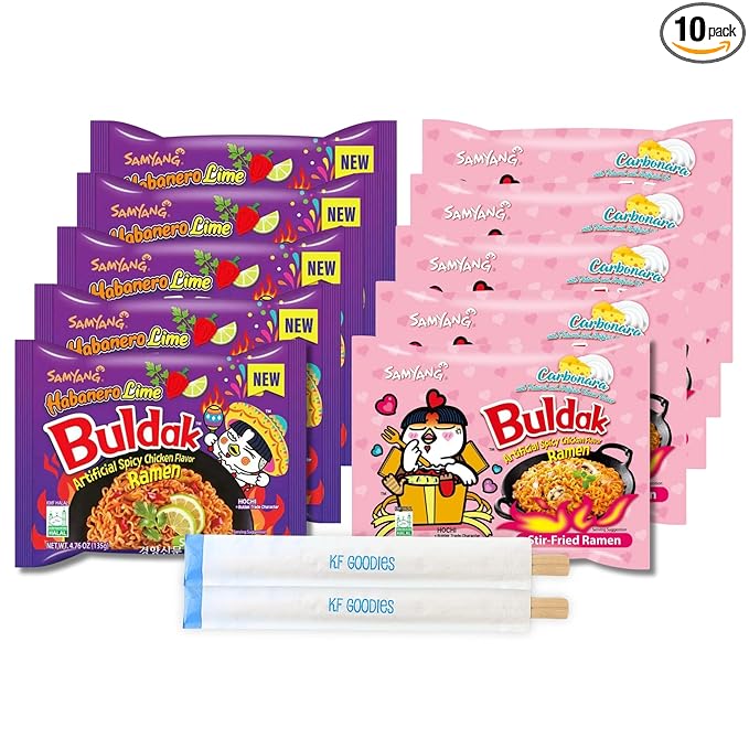 Samyang Buldak Hot Spicy Chicken Ramen Noodle Korean Stir-Fried Ramen (10 Pack - Carbonara & Habanero Lime) 5 Pack Each
