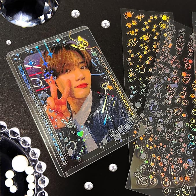 24 Sheets Holographic Kpop Deco Stickers Korean Stickers for Photocards Self Adhesive Clear Glitter Star Moon Butterfly Bubbles Decals for Album Scrapbook Journal Planner for DIY Decoration