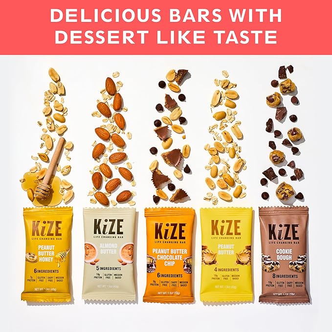 KiZE Energy Bars - Gluten Free, Dairy Free, Non-GMO, and High Protein Meal Replacement Energy Bars, Clean and Simple Food Ingredients - Best Sellers Variety Pack, 7-10g High Protein Snacks, (30 Count)