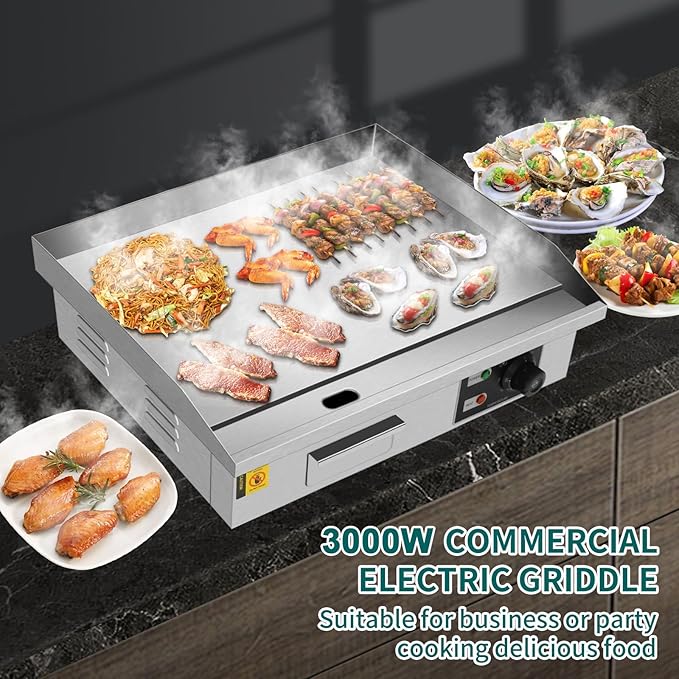 22" Commercial Electric Countertop Griddle, 3000W 110V Flat Top Grill, Non-Stick Teppanyaki Grill, Stainless Steel Hot Plate BBQ, with Adjustable Temp Control for Restaurant Kitchen